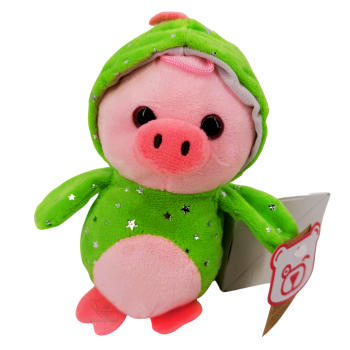 Kleines Schwein-Plüschtier ca. 17 cm im grünen Drachenkostüm mit abnehmbarer Kapuze und rosa Schnauze.